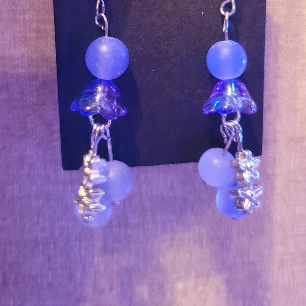 Flower Bell Glass Earrrings with Silver flowers and Round Beads